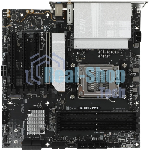 Материнская плата MSI PRO B850M-P WIFI, AM5, AMD B850, 4xDDR5, 4xSATA, 3xM.2, 1xPCIe 5.0 x16, 1xPCIe 4.0 x4, 2xPCIe 3.0 x1, 1xHDMI, 2xUSB-C 10Gbps, 1xUSB-A 5Gbps, 1xUSB-A 10Gbps, 4xUSB-A 2.0, 2x3.5 мм, S/PDIF, 1x5Gb LAN, Wi-Fi 7, Bluetooth 5.4, 7.1, mATX