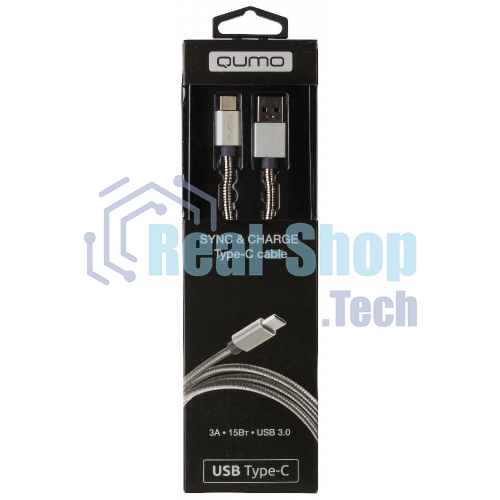 КабельQumo Type-С кабель, 1м, USB 3.0, 5В, 3А, 15Вт, металлическая оплетка, металлический коннектор, серебряный