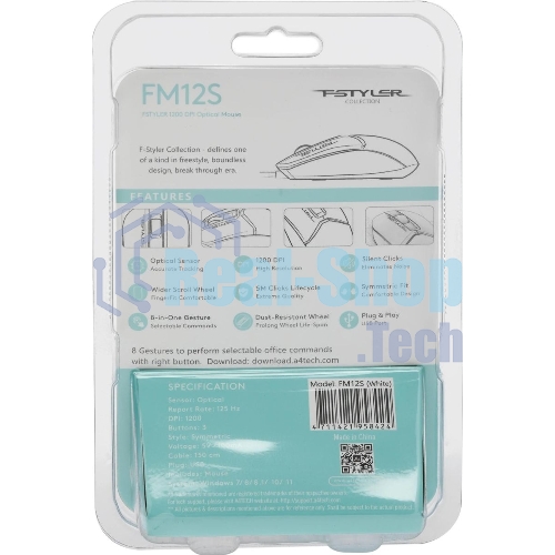 Мышь проводная A4Tech Fstyler FM12S белый, 1200 dpi, USB, кнопки - 3