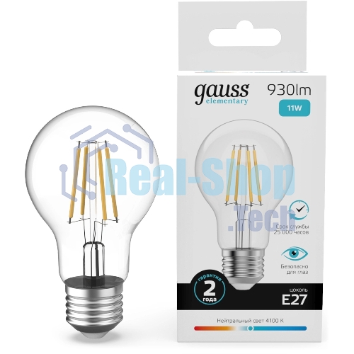 Лампа филам. Gauss Filament 11Вт цок.:E27 груша св.свеч.бел.нейт. (упак.:10шт) (22221)