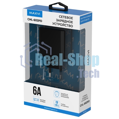 Сетевое зарядное устройство Maxvi CHL-602PD 30W, 6A, QC 3.0, 1xUSB-A, 1xUSB-C, черный