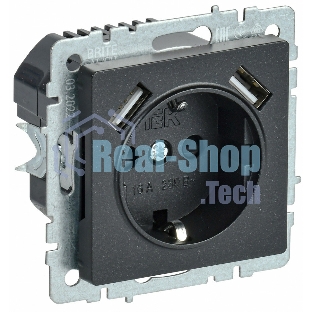 Розетка 1-местная IEK BRITE РЮш10-1-БрЧ (BR-R14-16-U21-D21-K02) 16А, с USB A+A 2.1А, с заземлением с защитными шторками, черный