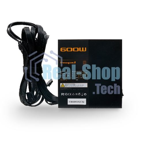 Блок питания Power Supply HSPD, 600W 80 PLUS Bronze (ATX, 2.31, Semi-modular, 1x24(20+4)pin 550мм, 1xCPU*2 8(4+4)pin 600+150мм, 1xPCIe*2 8(6+2)pin 500+150мм, 2xSATA*3 400+150+150мм, 1xMOLEX4pin*3+FDD 400+150+150+150мм, Active, 120x120мм, 150x140x86мм, APFC, OVP, UVP, SCP, OPP, OCP, OTP, черный)