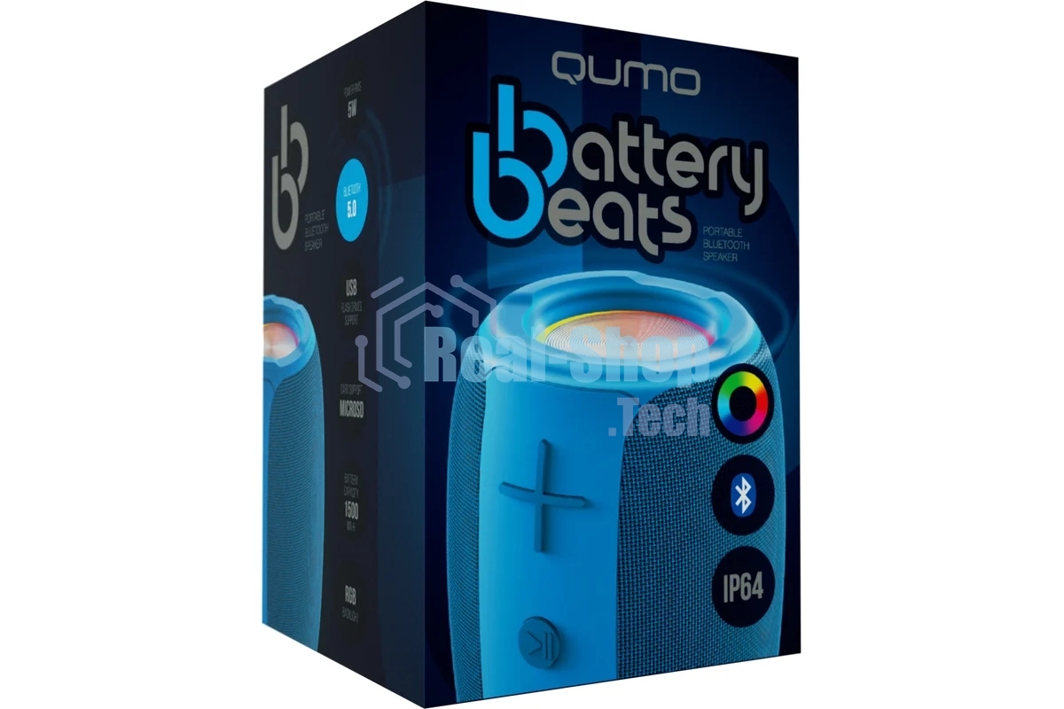 Колонка беспроводная QUMO BatteryBeats BT5.0 5Вт IP64 FM SD USB AUX подсветка 1500мА·ч синий