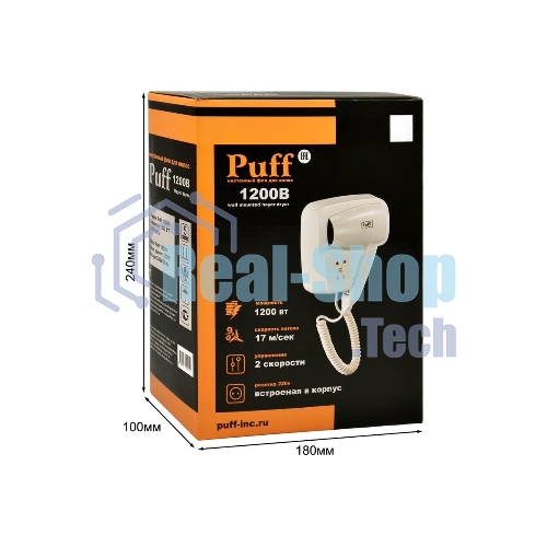 Фен Puff-1200B белый, 1200 Вт, с доп. розеткой