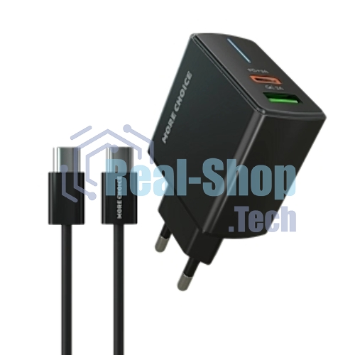 Сетевое зарядное устройство MORE CHOICE NC61a черный - 1USB+1USB-C 3.0A PD 20W+QC3.0 быстрая зарядка для Type-C