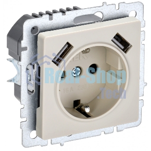 Розетка 1-местная IEK BRITE РЮш10-1-БрКр 16А, с USB A+A 2.1А, с заземлением с защитными шторками, бежевый