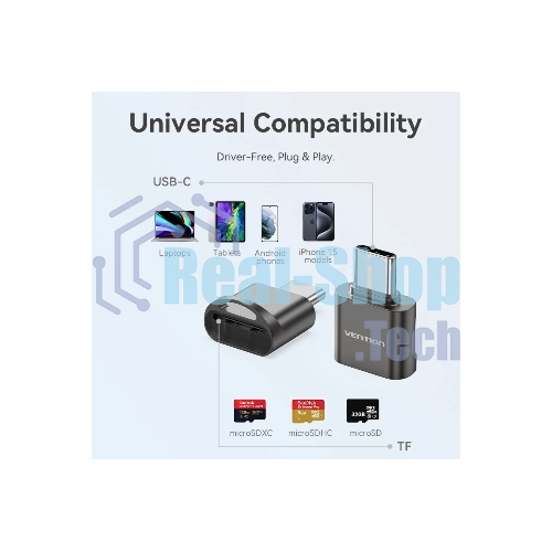 Кард-ридер Vention CLMH0/серый/OTG USB 2.0 CM/MicroSD/USB Type-C/металл