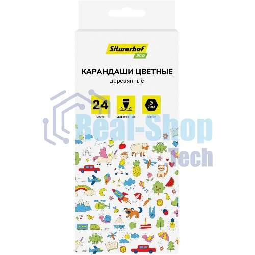 Карандаши цветные Silwerhof Eco 2.65мм, шестигранный профиль, дерево, ассорти, 24 цвета, коробка с европодвесом