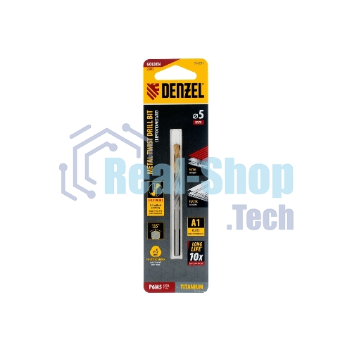 Сверло спиральное по металлу Denzel 5 x 86мм, Р6М5, Golden Tip