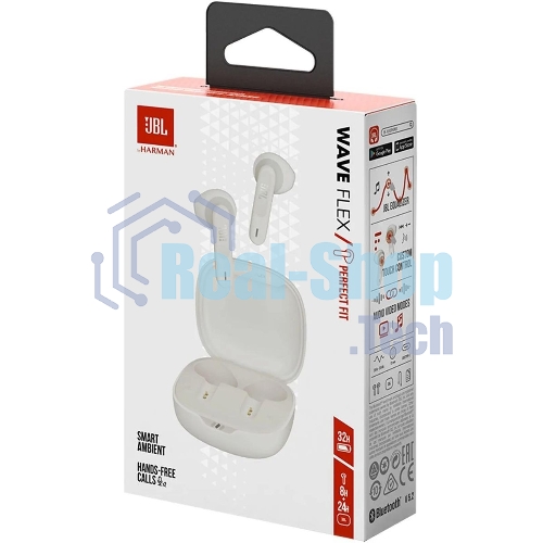 Наушники TWS JBL Wave Flex белый, вкладыши, Bluetooth, быстрая зарядка, до 8 ч