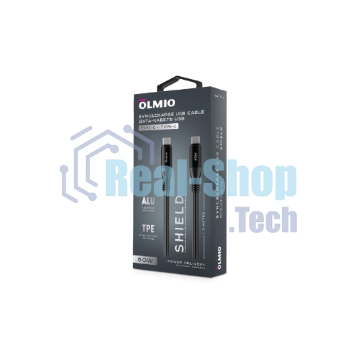 Кабель OLMIO SHIELD, Type-C - Type-C, 60W 3A, 1.2м, черный