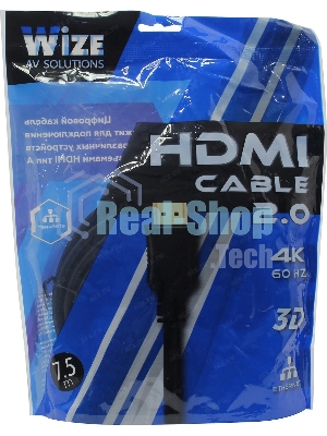 Кабель HDMI C-HM-HM-7.5M Wize, 7.5 м, v.2.0, 19M/19M, позол.разъемы, экран, черный, пакет