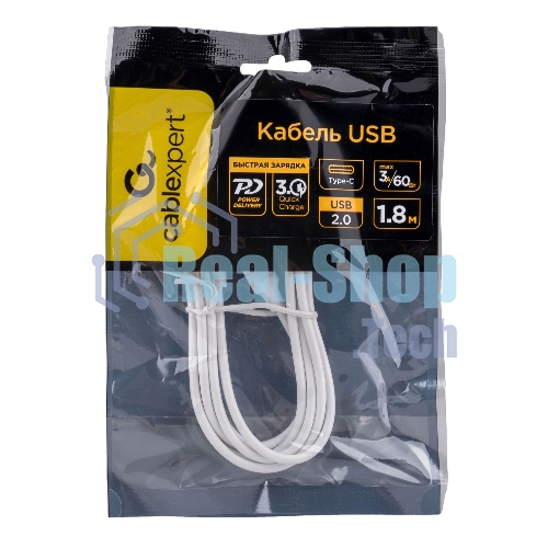 Кабель USB2.0 Cablexpert CC-USB2-CMCM-60-1.8M-W, Type-C/Type-C, 3A, 60Вт, PD/QC3.0, медь, 1.8м, белый, пакет