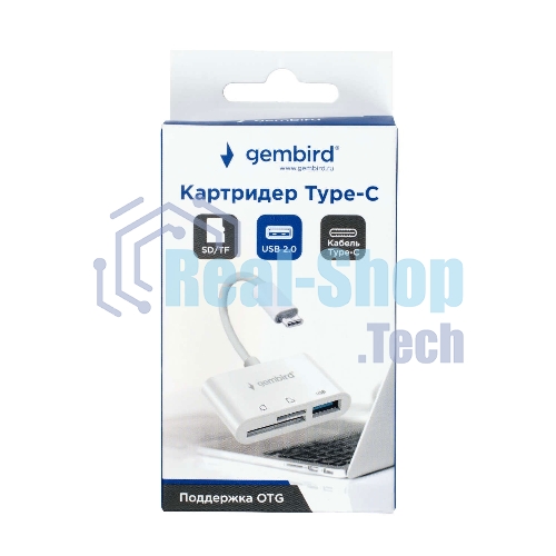 Кард-ридер Gembird FD2-MSD-2/белый/SD/SDHC/SDXC/TF/MicroSD/USB 2.0/USB Type-C (2.0)/пластик