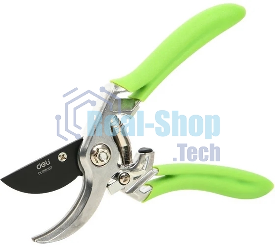 Секатор садовый Deli DL580207 цельнокованный, лезвия с тефлоновым покрытием, длина 215мм, макс. диаметр резки 12мм, сталь SK5