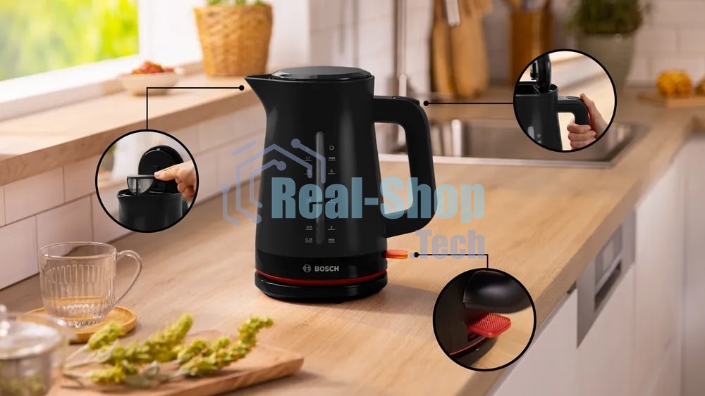 Электрочайник Bosch TWK3M123 черный, 1.7 л, 2400 Вт, скрытый нагревательный элемент