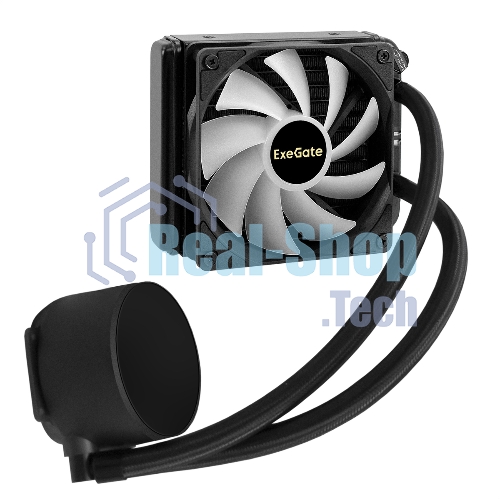 Комплект жидкостного охлаждения ExeGate BlackWater-120V3.PWM.ARGb (3 PIN 5V ADDRESSABLE RGb подсветка, LGA2066/2011/1366/1150/1151/1155/1156/1200/1700/1851/AM4/AM5/FM1/FM2/FM2+/AM2/AM2+/AM3/AM3+, TDP 150W, Fan 120мм 4pin PWM 600-1800RPM Hydro bearing, помпа 3pin 2700RPM, макс. шум 37db, с термопастой, на винтах, черный, Color Box)