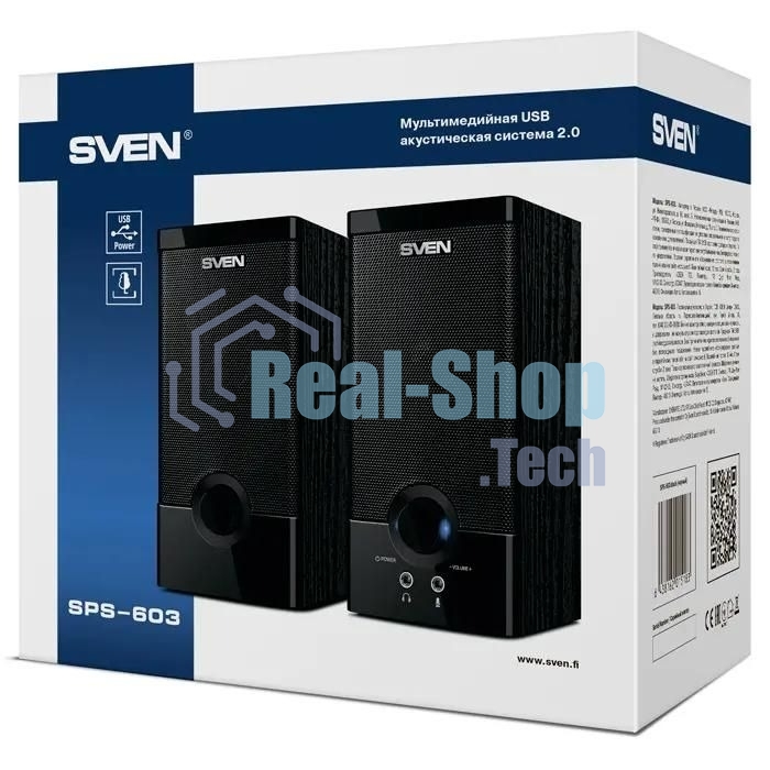 Колонки SVEN SPS-603 черный USB-порт ПК, ноутбука или адаптер 5V DC