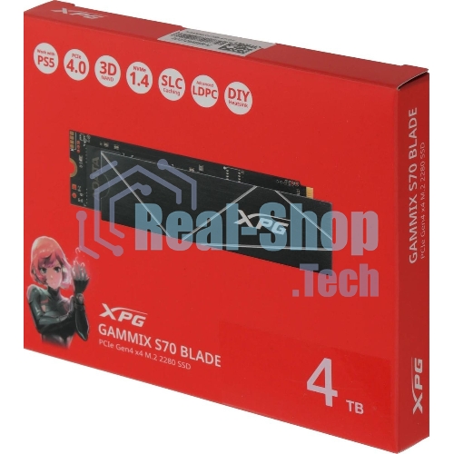 Накопитель SSD ADATA XPG BLADE S70, 4Tb, PCIe 4.0 x4, M.2 2280, NVMe, R/W 7400/6600, с радиатором