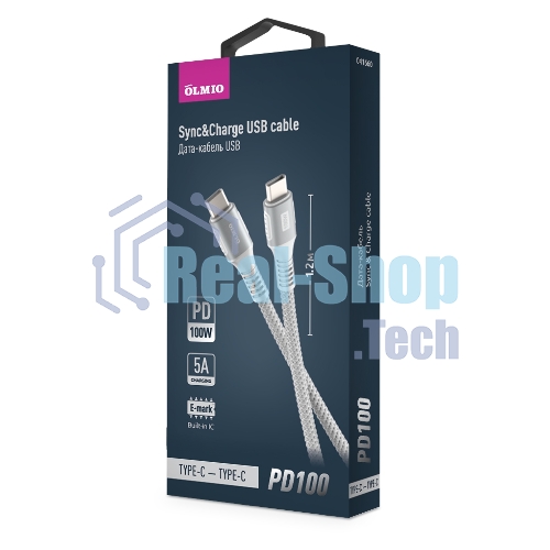 Кабель OLMIO PD100, Type-C - Type-C, PD 100W, USB2.0, 1.2м, тканевая оплетка, белый