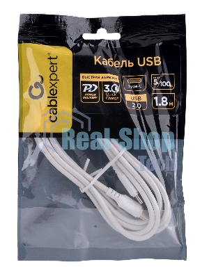 Кабель USB2.0 Cablexpert CC-USB2-CMCM-100-1.8M-W, Type-C/Type-C, 5A, 100Вт, PD/QC3.0, медь, 1.8м, белый, пакет