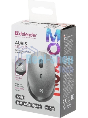 Мышь беспроводная Defender Auris MB-027 серый, 1600 dpi, радиоканал, USB, кнопки - 4