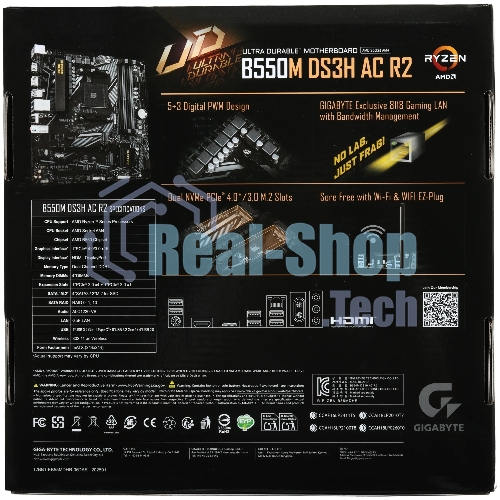 Материнская плата Gigabyte B550M DS3H AC R2, AM4, AMD B550, 4xDDR4, 4xSATA, 2xM.2, 1xPCIe 4.0 x16, 1xPCIe 3.0 x4, 1xPCIe 3.0 x1, 1xDP, 1xHDMI, 1x1Gb LAN, Wi-Fi, Bluetooth 5.0, 4xUSB-A 5Gbps, 2xUSB-A 2.0, 3x3.5 мм, 7.1, mATX