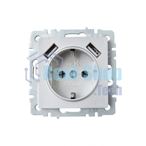 Розетка 1-местная IEK BRITE РЮш10-1-БрА (BR-R14-16-U21-D21-K47) с заземлением, с защитными шторками, 16А, с USB A+A 5В 2,1А, алюминий