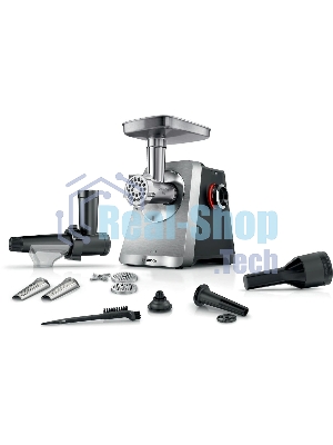 Мясорубка электрическая Bosch Series 8 MFWS835M черный, 2500 Вт, 4.5 кг/мин, реверс, защита от перегрузки, металлический лоток, насадки - 6