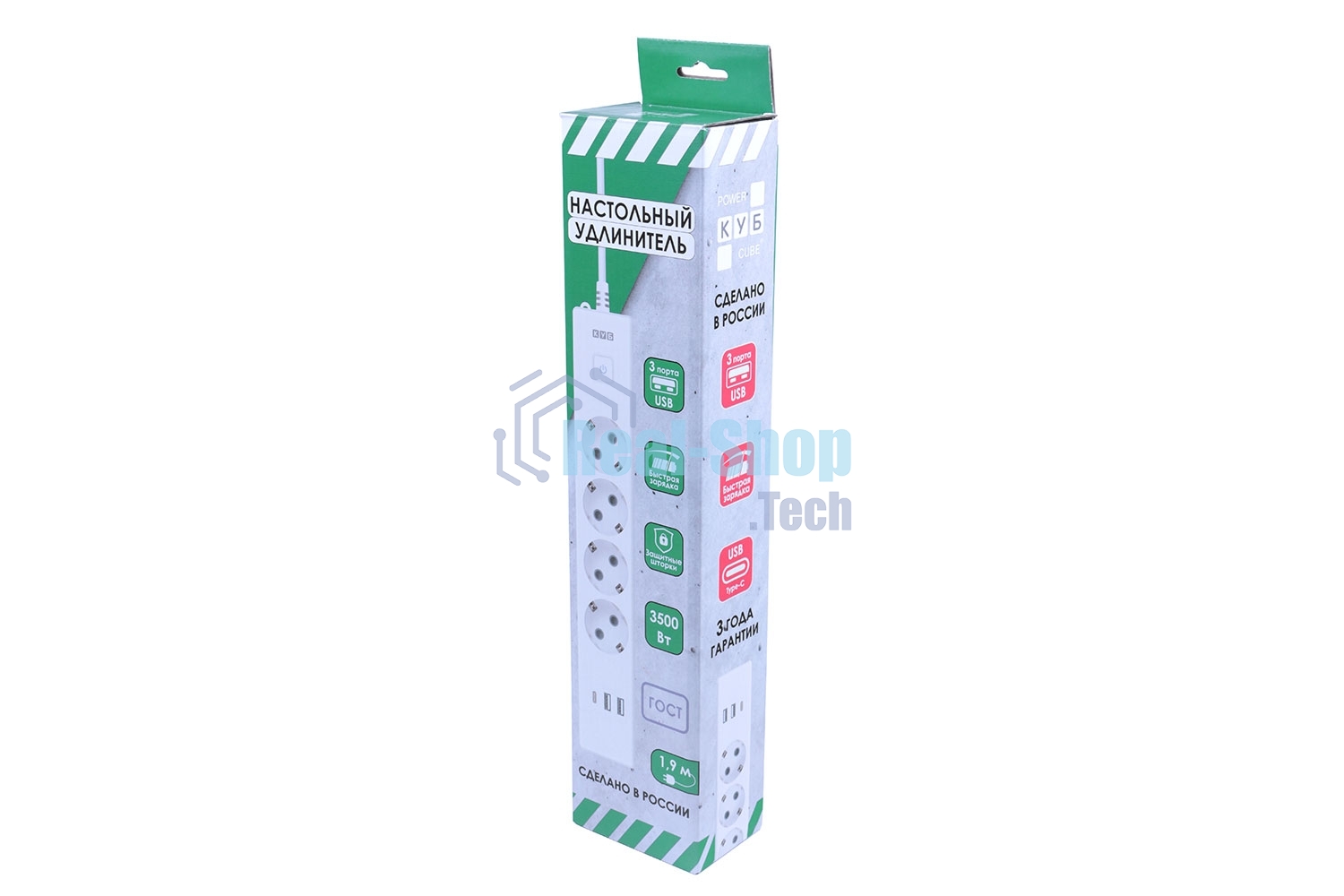 Бытовой удлинитель PowerCube, 4 р с/з вык., 3USB, 3500 Вт, 16А, 1.9 м, 3x1,0 (белый) PC-6-2M
