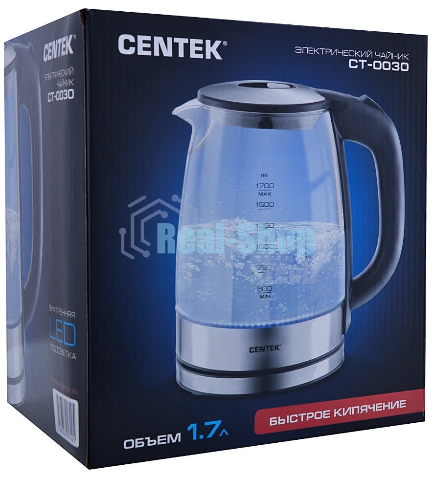 Электрочайник Centek CT-0030 черный, 1.7 л, 2200 Вт, скрытый нагревательный элемент