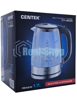 Электрочайник Centek CT-0030 черный, 1.7 л, 2200 Вт, скрытый нагревательный элемент
