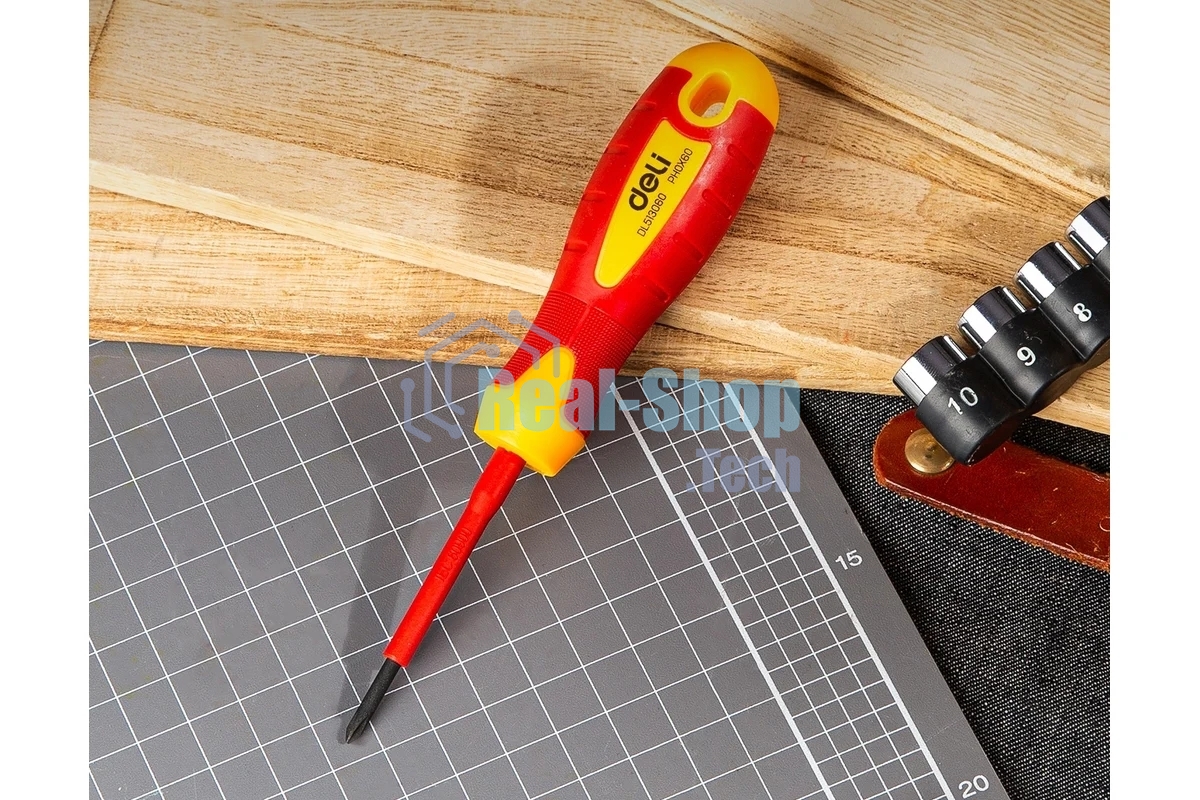 Диэлектрическая крестовая отвертка Deli DL513060 PH0х60 мм сталь Cr-V, сертификат VDE для работ под напряжением до 1000 В