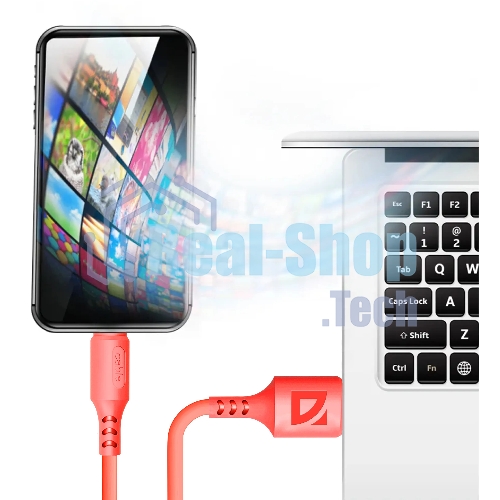 Кабель Defender F207, USB 2.0 (AM) - Apple Lightning (M), 1метр, 2.4А, силиконовая оплетка, красный.
