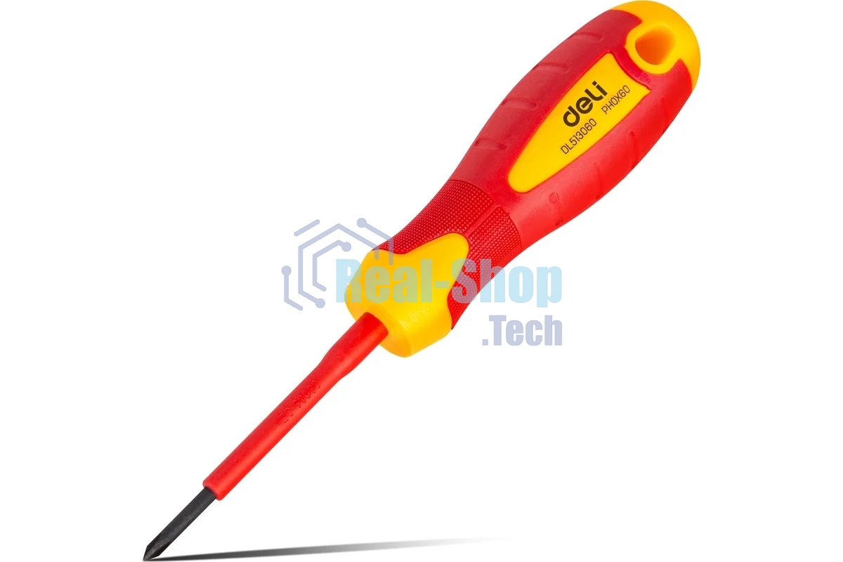 Диэлектрическая крестовая отвертка Deli DL513060 PH0х60 мм сталь Cr-V, сертификат VDE для работ под напряжением до 1000 В