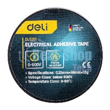 Изолента Deli DL5261 0,13 мм х 18 мм х 10 м Уровень напряжения: менее 600 В. Температурный рейтинг: 0-80. ПВХ.