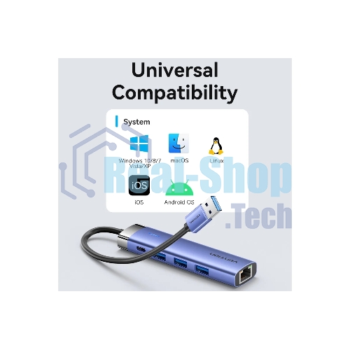 Сетевой адаптер Vention USB 3.0 M/Gigabit Ethernet RJ45+OTG хаб 3xUSB Синий - 0.15м.