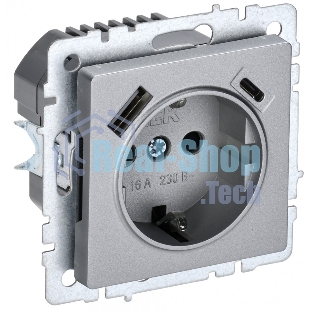 Розетка 1-местная IEK BRITE РЮш11-1-БрА (BR-R14-16-U22-018-K47) с заземлением, с защитными шторками, 16А, с USB A+C 18 Вт, алюминий