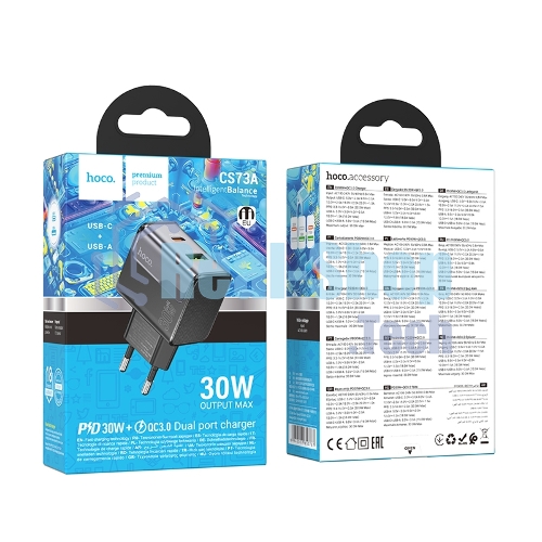 Зарядное устройство Hoco 30Вт, 3А, QC3.0/PD, 1xUSB, 1xType-C, CS73A, черный, коробка