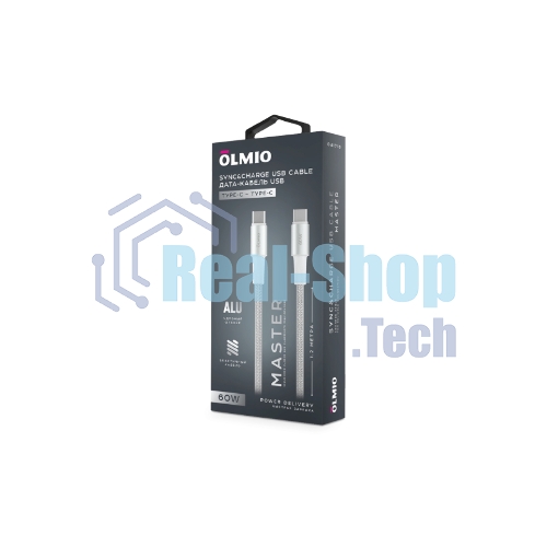 Кабель OLMIO MASTER, Type-C - Type-C, 60W 3A, 1.2м, тканевая оплетка, белый