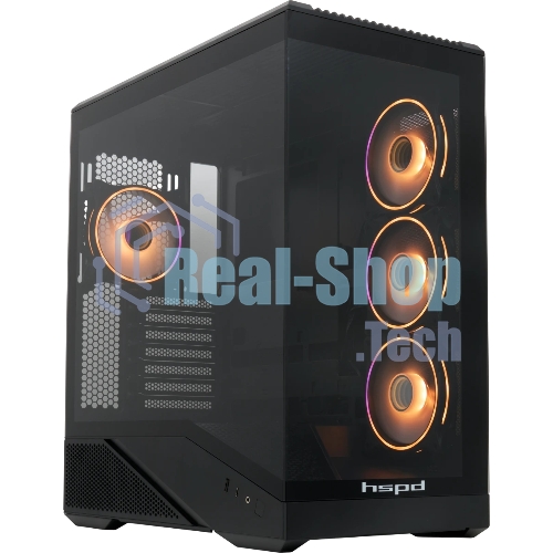 Компьютерный корпус без блока питания HSPD F711-TGbK-ARGB, Panoramic Full Tower, черный, TG, 0.7 SPCC, 4x120мм ARGB ATX, mATX, mITX 190/420/280мм 2x2.5