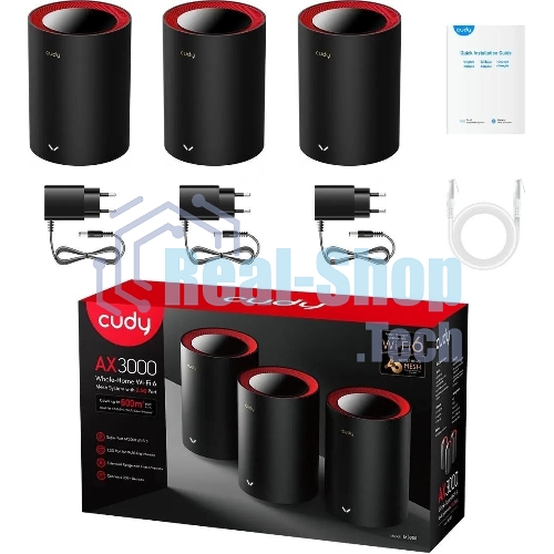 Wi-Fi Mesh-система/AX3000 Wi-Fi 6 Mesh 2.5G Solution 3-Pack, Dual-Band, Chipset MT7981BA+MT7976CN+RTL8221B, 802.11ax/ac/a/b/g/n, 2402Mbps at 5GHz + 574Mbps at 2.4GHz, 2.5G WAN+GE LAN, 5 internal antennas, MU-MIMO, DDNS, Zerotier/Wireguard/OpenVPN/IPSec/L2TP/PPTP VPN, DNS over Cloudflare/Google/Quad9, IPv6, Seamless Roaming, WPA3, TR069/TR098/TR111/TR181,easyMesh R3 Optional, Ver 2.0, Cudy Mesh, Cudy APP