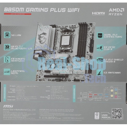 Материнская плата MSI B850M GAMING PLUS WIFI, AM5, AMD B850, 4xDDR5, 4xSATA, 2xM.2, 1xPCIe 5.0 x16, 1xPCIe 4.0 x4, 1xPCIe 3.0 x1, 1xDP, 1xHDMI, 1x5Gb LAN, Wi-Fi 7, Bluetooth 5.4, 3xUSB-C 10Gbps, 3xUSB-A 10Gbps, 3xUSB-A 5Gbps, 3x3.5 мм, 7.1, mATX