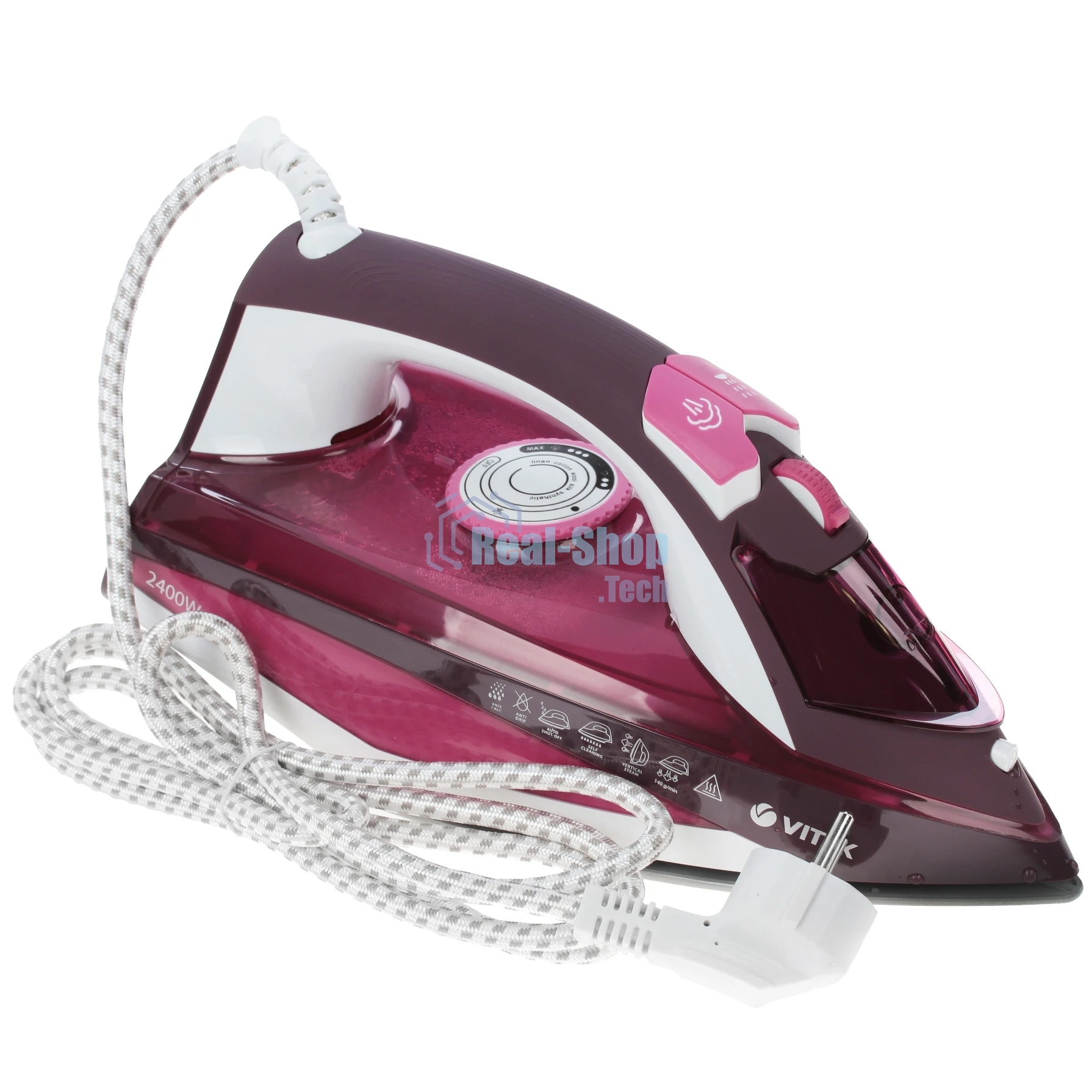 Утюг Vitek VT-1215 (PK) розовый, 2400 Вт, 20 г/мин, 140 г/мин, 320 мл