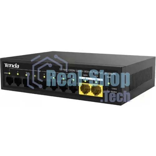 Коммутатор неуправляемый Tenda S110GPC PoE, 10 портов, 8x100 Мбит/с, 2х1 Гбит/с, PoE 8х30 Вт (до 80 Вт), настольный