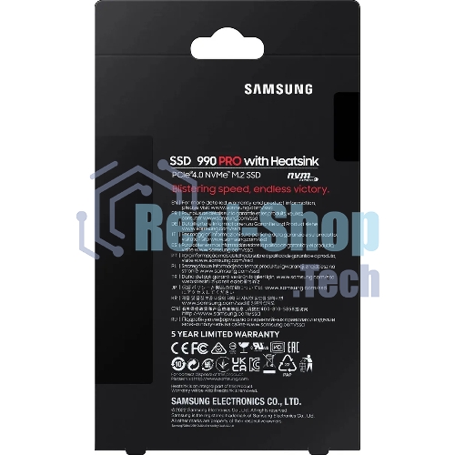 Накопитель SSD Samsung 990 PRO, 2000Gb, PCIe 4.0 x4, M.2 2280, NVMe, R/W 7450/6900, с радиатором