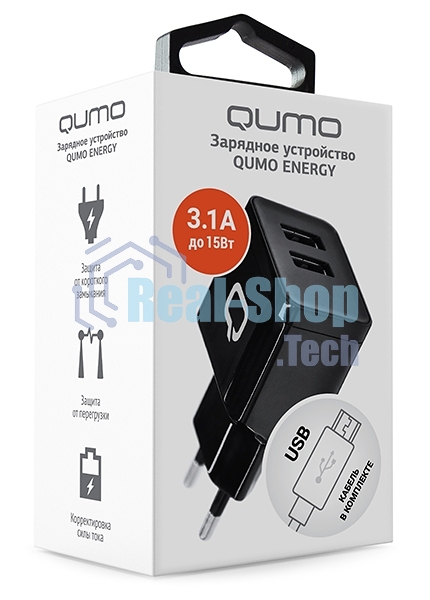 Сетевое зарядное устройство Qumo Energy (Charger 0062), 2 USB, 3.1A, Micro USB cable, черный