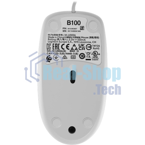 Мышь проводная Logitech B100 белый, 1000 dpi, USB, кнопки - 3