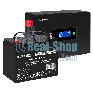 Комплект Источник бесперебойного питания EX295992RUS + батарея 33Aч EX282974RUS 1шт (инвертор, синус, для котла, PF=1, настенный) ExeGate IdealSine SR-600.LCD.2SH <600VA/600W, чистая синусоида, цветной LCD-дисплей, 2*Schuko, крепление настенное, черный> + батарея ExeGate DT 1233 (12В, 33А·ч) 1шт